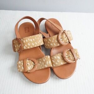 Fitflop Women Sandals Tan Faux Fur Animal Print Buckle Slingback Flat Shoes US 7